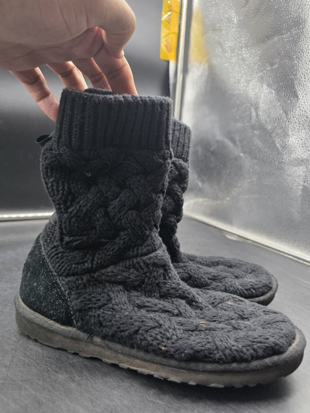 UGG Boots Womens Size 7 Black Isla Cable Knit Sock Bow Mid Calf Booties Winter